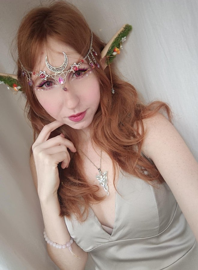 FRESHME Renaiss Mushroom Fairy Elf Ears - Handmade Soft Forest Elf Ear Cuffs with Moss Flower and Mushroom Non Pierced Woodland Crystal Ear Clip Women Christmas Halloween Renfaire Cosplay Party Accessories - Image 5