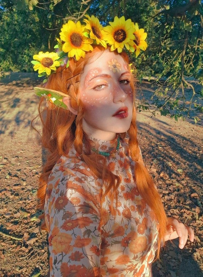 FRESHME Renaiss Mushroom Fairy Elf Ears - Handmade Soft Forest Elf Ear Cuffs with Moss Flower and Mushroom Non Pierced Woodland Crystal Ear Clip Women Christmas Halloween Renfaire Cosplay Party Accessories - Image 2