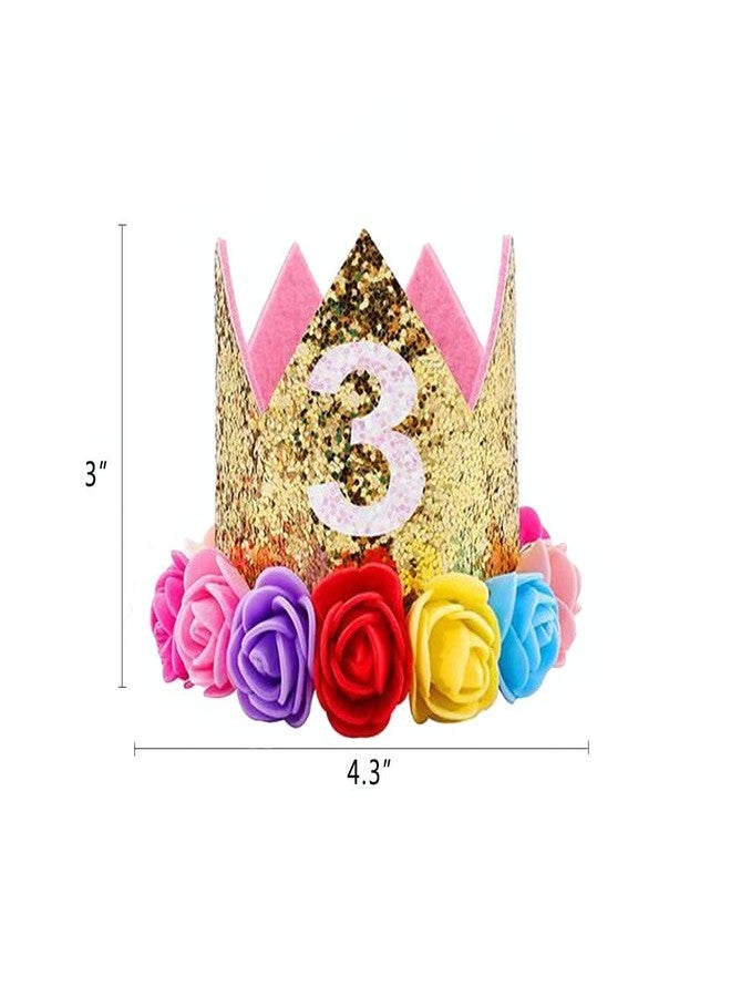 ipalmay Baby Princess Glitter Gold Crown, 3st Birthday Party Hat Gold with Mix Rainbow Color Flowers - Image 3