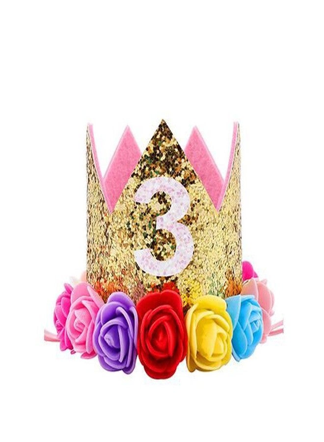 ipalmay Baby Princess Glitter Gold Crown, 3st Birthday Party Hat Gold with Mix Rainbow Color Flowers - Image 1