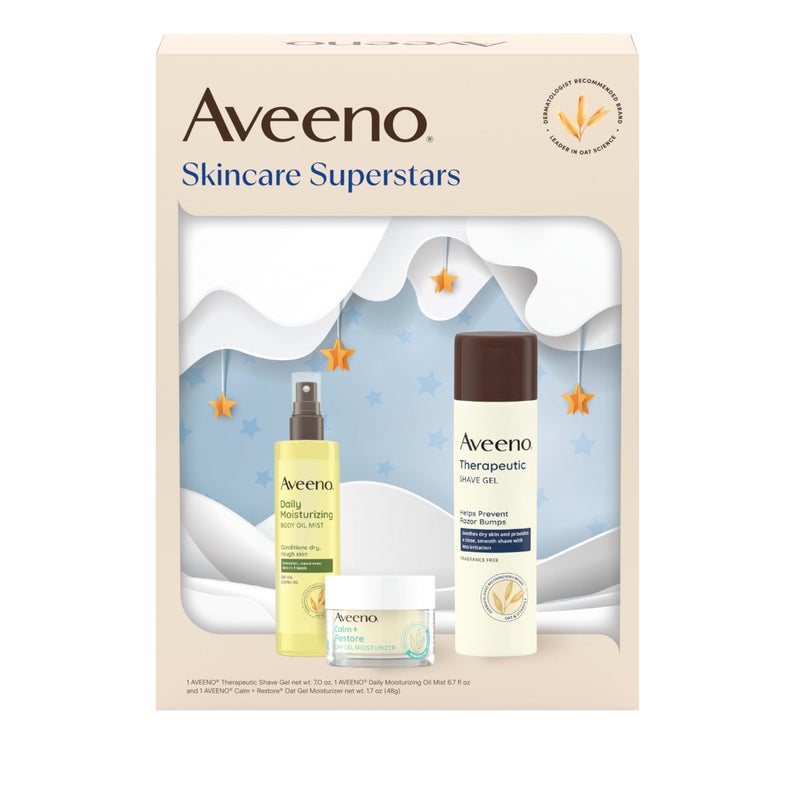 Aveeno Skin-care Superstars Gift Set with Calm + Restore Oat Gel Facial Moisturizer, Daily Moisturizing Body Oil Mist, & Therapeutic Shave Gel for Smooth Skin, 3 items - Image 1