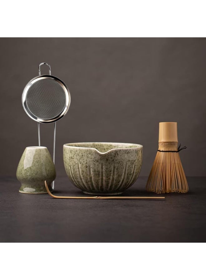 GOGOGO Matcha Set - Match Bowl with Spout and Whisk | Matcha Scoop | Whisk Stand (Chasen Holder) - 4pc Perfect Kit for Tea Ceremony (Mottled Green) - Image 1