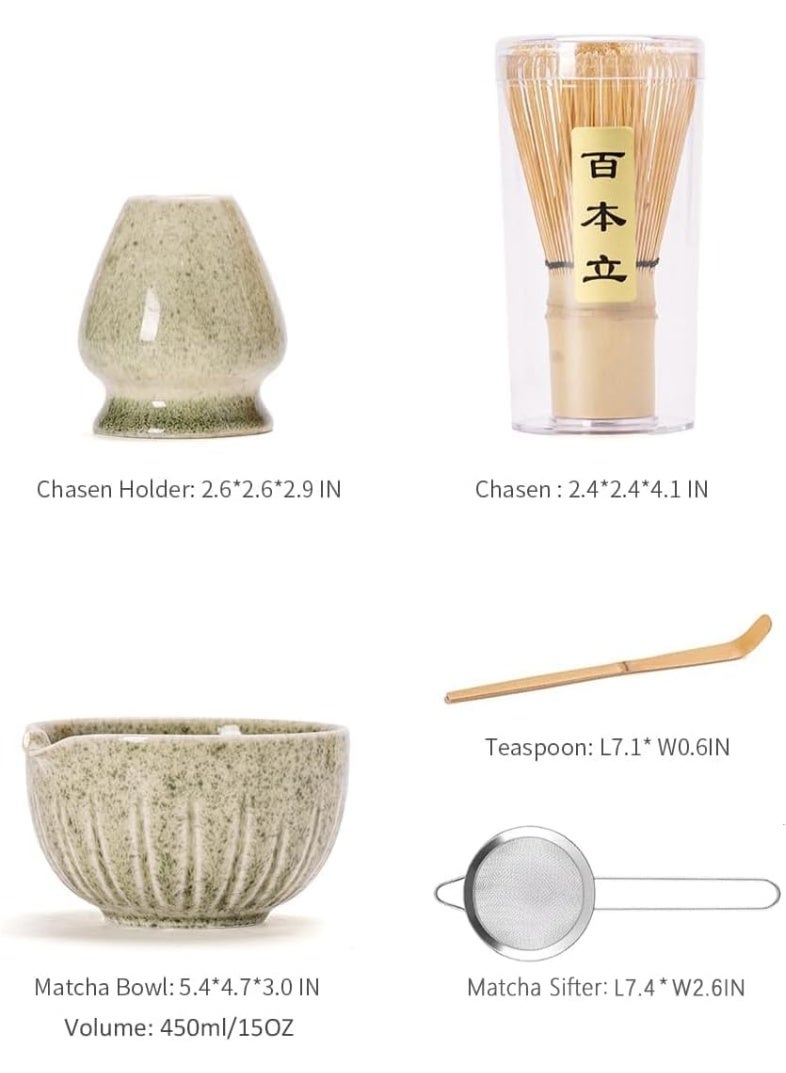 GOGOGO Matcha Set - Match Bowl with Spout and Whisk | Matcha Scoop | Whisk Stand (Chasen Holder) - 4pc Perfect Kit for Tea Ceremony (Mottled Green) - Image 4