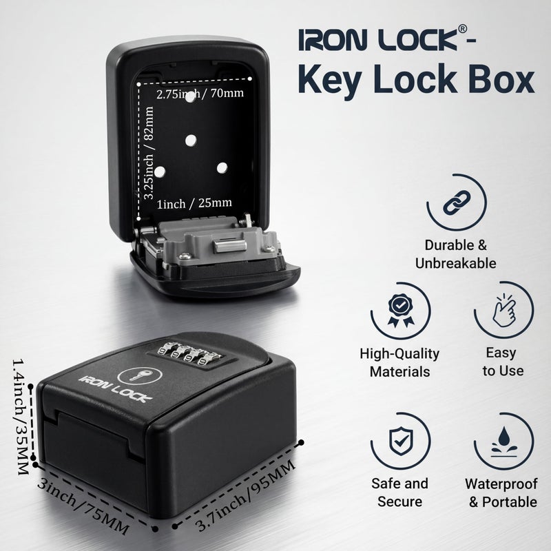 Iron LockÂ® Key Lock Box Wall Mount â€“ Waterproof Heavy Duty Metal Lock Box for Keys with 4-Digit Combination & Resettable Code â€“ Outdoor/Indoor Key Safe for Home, Office & Airbnb (Black, Small) - Image 4