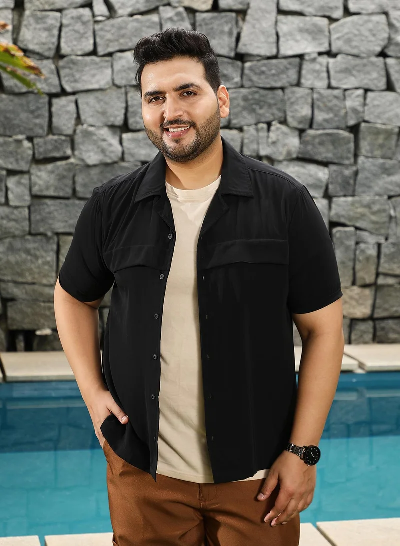 Instafab Plus Instafab Plus Men's Onyx Black Front-Flap Cuban Shirt | Cuban Collar , Short Regular Sleeves , Button Closure , Straight Hemline | Solid Plain Polyester Blend Material For Street & Casual Wear
