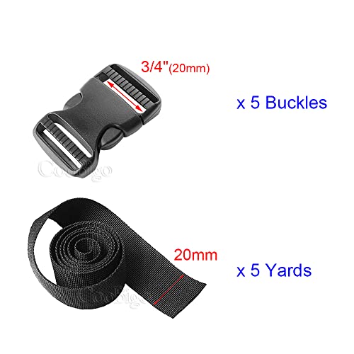 CooBigo 5 Pack 3/4" Side Release Buckle Dual Adjustable 5 Yards 3/4" PP Strap Webbing Outdoor Camping Backpack Sleeping Bag Tent Belt Tied Band Accessories (5 Buckle + 5 Yards Webbing) - Image 4