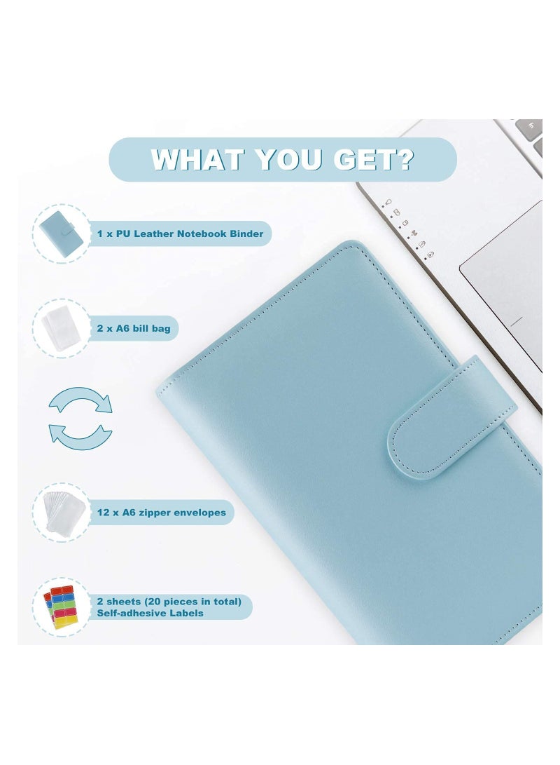KASTWAVE حافظة ميزانية، حافظة ميزانية مع أظرف بسحاب 14 قطعة جيوب A6 مع غلاف جلد، منظم أموال أكياس ورقية شفافة للأظرف النقدية، منظم فواتير مقاوم للماء ودائم، (أزرق) - Image 4