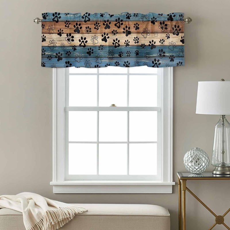 Navy Blue Brown Valances for Windows, Short Curtains for Kitchen/Bathroom, Rustic Farmhouse Dog Paw Vintage Rod Pocket Window Treatment for Living Room/Doorway/Bedroom/Cafe Decor Panel 54"x18" - Image 3