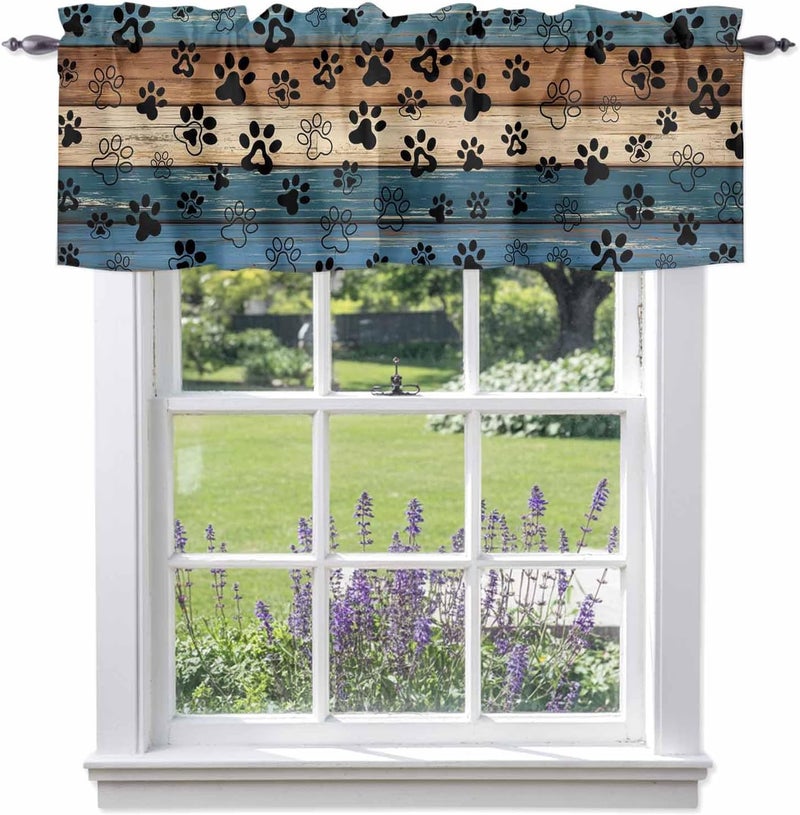 Navy Blue Brown Valances for Windows, Short Curtains for Kitchen/Bathroom, Rustic Farmhouse Dog Paw Vintage Rod Pocket Window Treatment for Living Room/Doorway/Bedroom/Cafe Decor Panel 54"x18" - Image 1