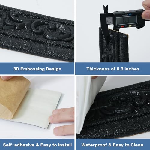 WADILE 90"x 3.1" Crown Molding Peel and Stick, Flexible Wallpaper Border Wall Trim Border, Self Adhesive Mirror Moulding Frame Lines, 3D Edging Foam Wallpaper Border Ceiling Baseboard, Black - Image 3