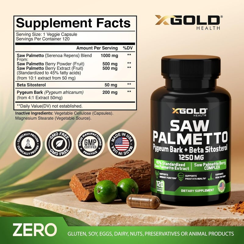 X Gold Health Saw Palmetto Prostate Supplement for Men  Pygeum Bark  Beta Sitosterol Supplement  Potent 3X Formula  Urinary Function Prostate  DHT Blocker Hair Growth  4 Month Supply Male Pills - Image 2