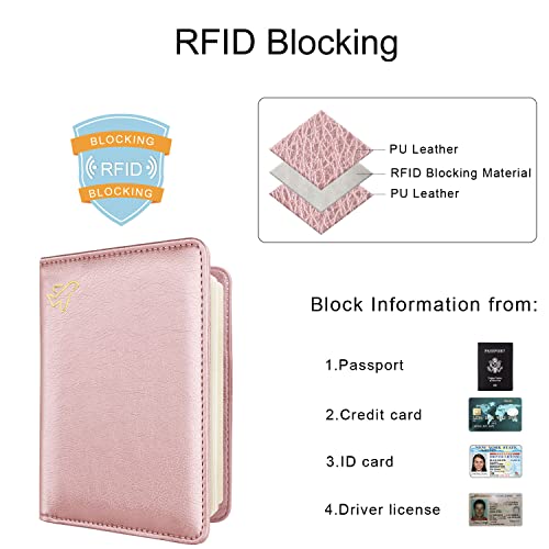 WALNEW Passport Holder for Travel, RFID Passport Cover Wallet for Women Men, PU Leather Passport Book Card Holder Case with Pen (Elastic Band Closure, C-Rosegold) - Image 4