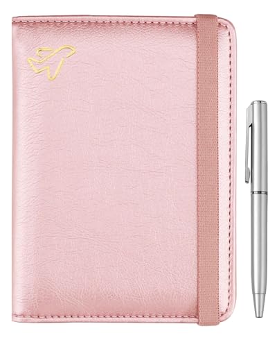 WALNEW Passport Holder for Travel, RFID Passport Cover Wallet for Women Men, PU Leather Passport Book Card Holder Case with Pen (Elastic Band Closure, C-Rosegold) - Image 1