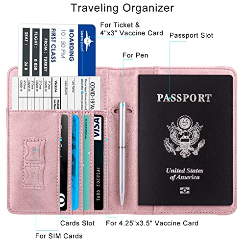 WALNEW Passport Holder for Travel, RFID Passport Cover Wallet for Women Men, PU Leather Passport Book Card Holder Case with Pen (Elastic Band Closure, C-Rosegold) - Image 3