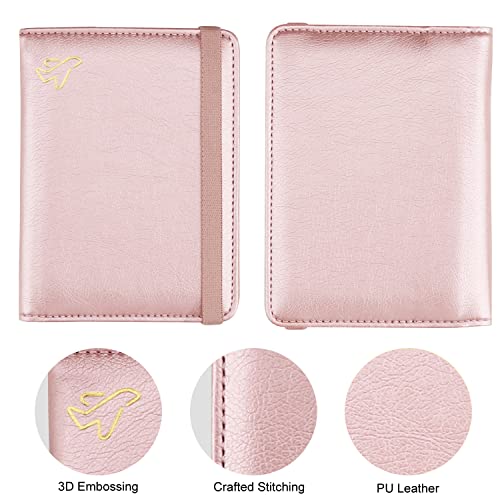 WALNEW Passport Holder for Travel, RFID Passport Cover Wallet for Women Men, PU Leather Passport Book Card Holder Case with Pen (Elastic Band Closure, C-Rosegold) - Image 2