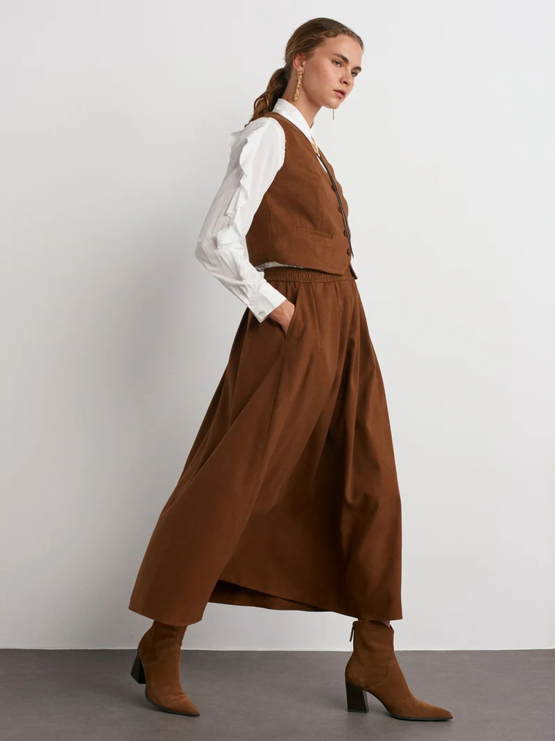 ديلفين 80844 Loose Cut Midi Skirt-Taba