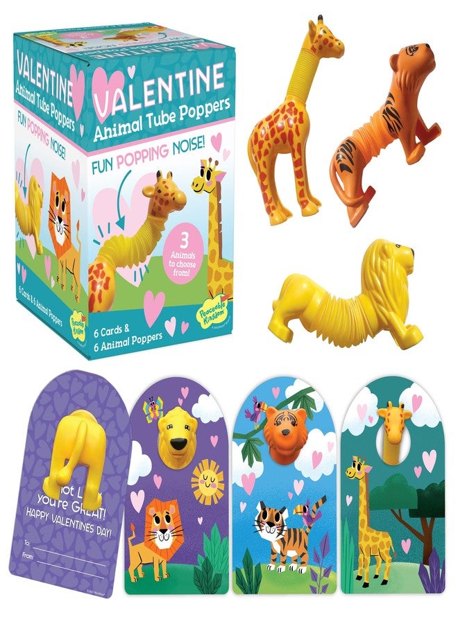 Peaceable Kingdom Animal Tube Poppers - 6-Pack Valentine’s Day Toys for Kids Ages 2+, Lion, Giraffe & Tiger Designs, Fun Popping Sensory Toy for Daycare and Preschool - Image 1