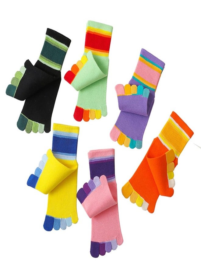 Antcher Girls Seamless Socks Rainbow Stripes Five Finger Cotton Toe Socks Kids School Crew Socks 6 Pack (US, Age, 6 Years, 10 Years, Multi) - Image 1