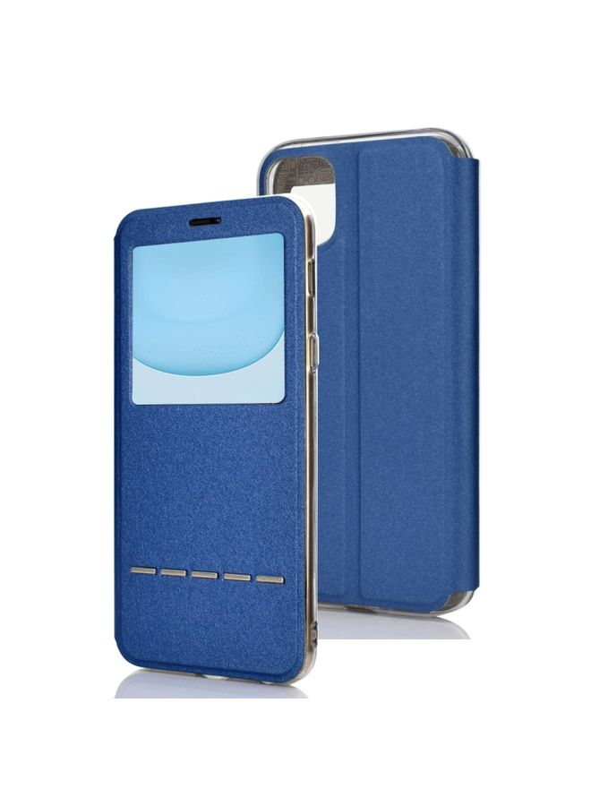 Case Cover For iPhone 11 Matte Texture Horizontal Flip Bracket Mobile Phone Holster Window with Caller ID and Metal Button Slide To Unlock Blue