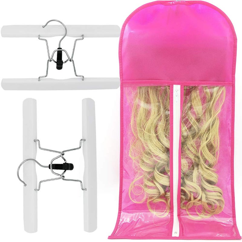 HBEDU Hair Extension Holder Storage Bag Strong Hanger Clip Case Dustproof Portable Suit with Transparent Zip Up Closure Lightweight Waterproof Pink 