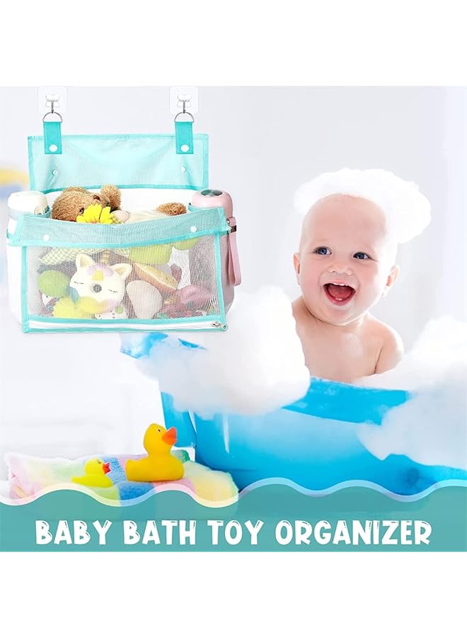 SYOSI 2 Pcs Blue Mesh Bath Toy Organizer With 4 Suction Hooks Ideal Storage Solution For Baby & Toddler Bath Toys Durable Shower Caddy For Bathtub Fun - Image 2