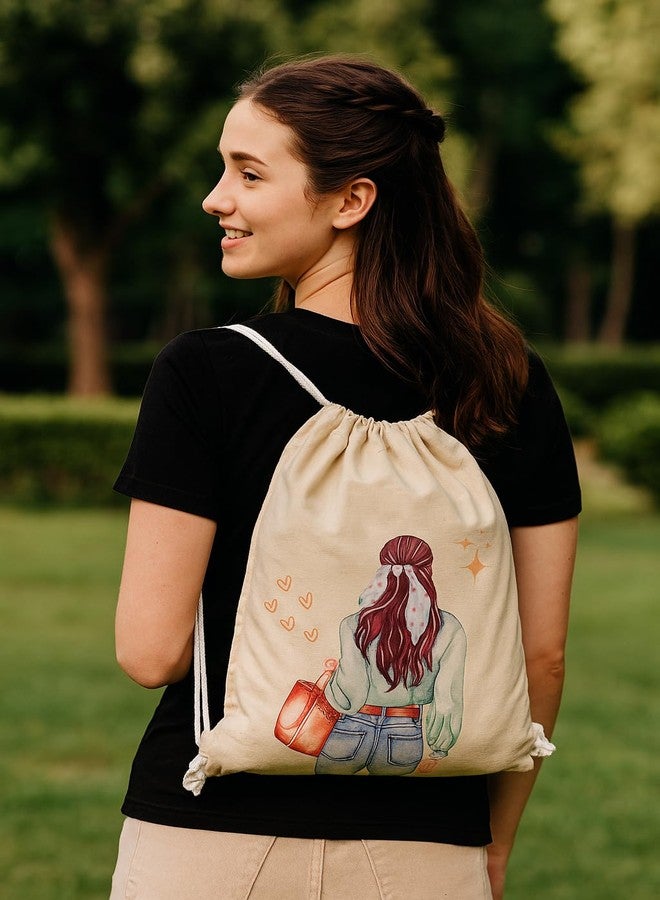 Madosh Cream Cotton Jute Drawstring Backpacks - City Girl Print | Eco-Friendly Reusable Bags for Women | Lightweight & Spacious for Gym, Travel & Outdoor (Pack of 2) - Image 5