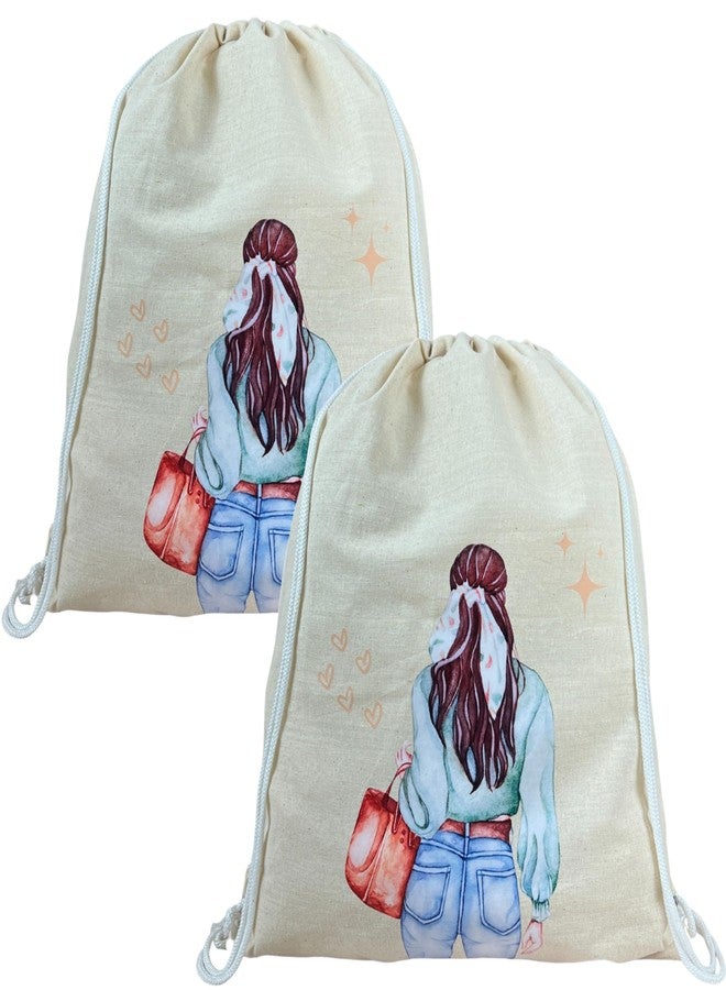 Madosh Cream Cotton Jute Drawstring Backpacks - City Girl Print | Eco-Friendly Reusable Bags for Women | Lightweight & Spacious for Gym, Travel & Outdoor (Pack of 2) - Image 1
