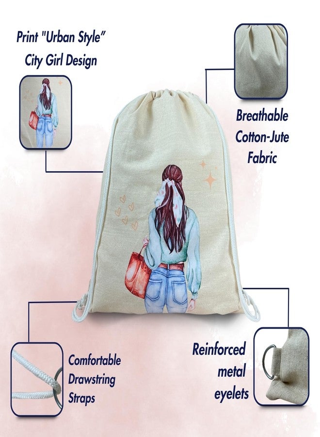 Madosh Cream Cotton Jute Drawstring Backpacks - City Girl Print | Eco-Friendly Reusable Bags for Women | Lightweight & Spacious for Gym, Travel & Outdoor (Pack of 2) - Image 3