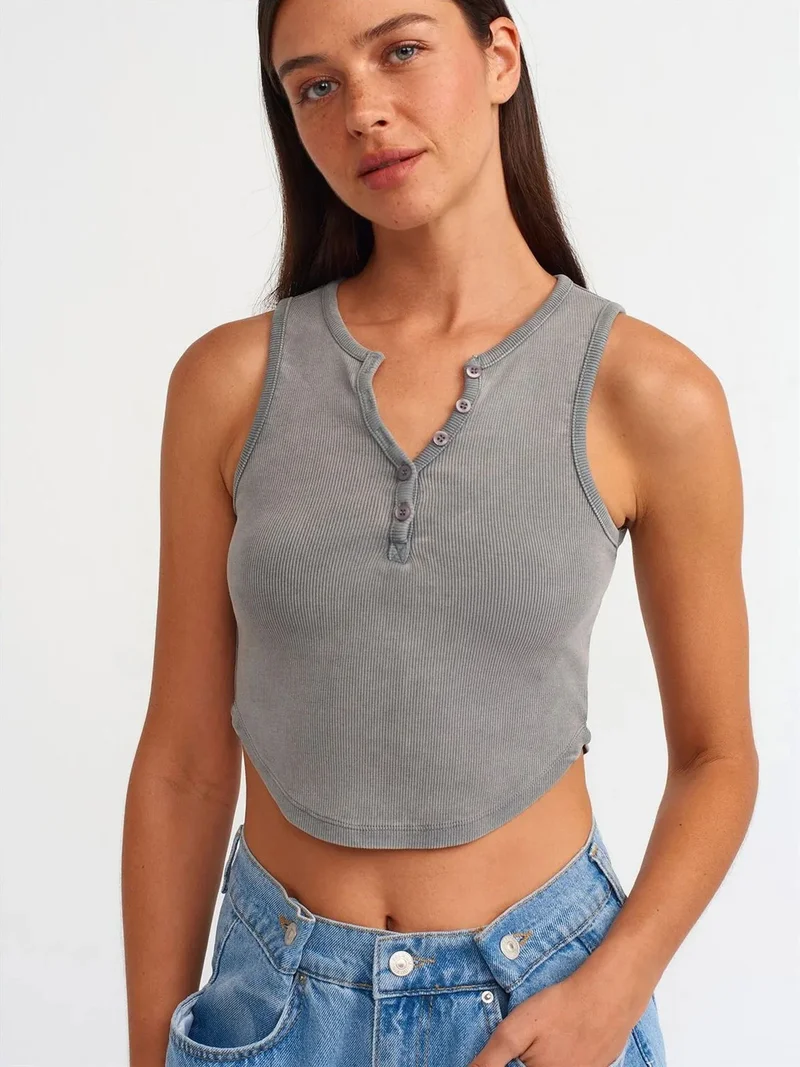ديلفين Dilvin Women's Ribbed Crop Blouse With Buttons