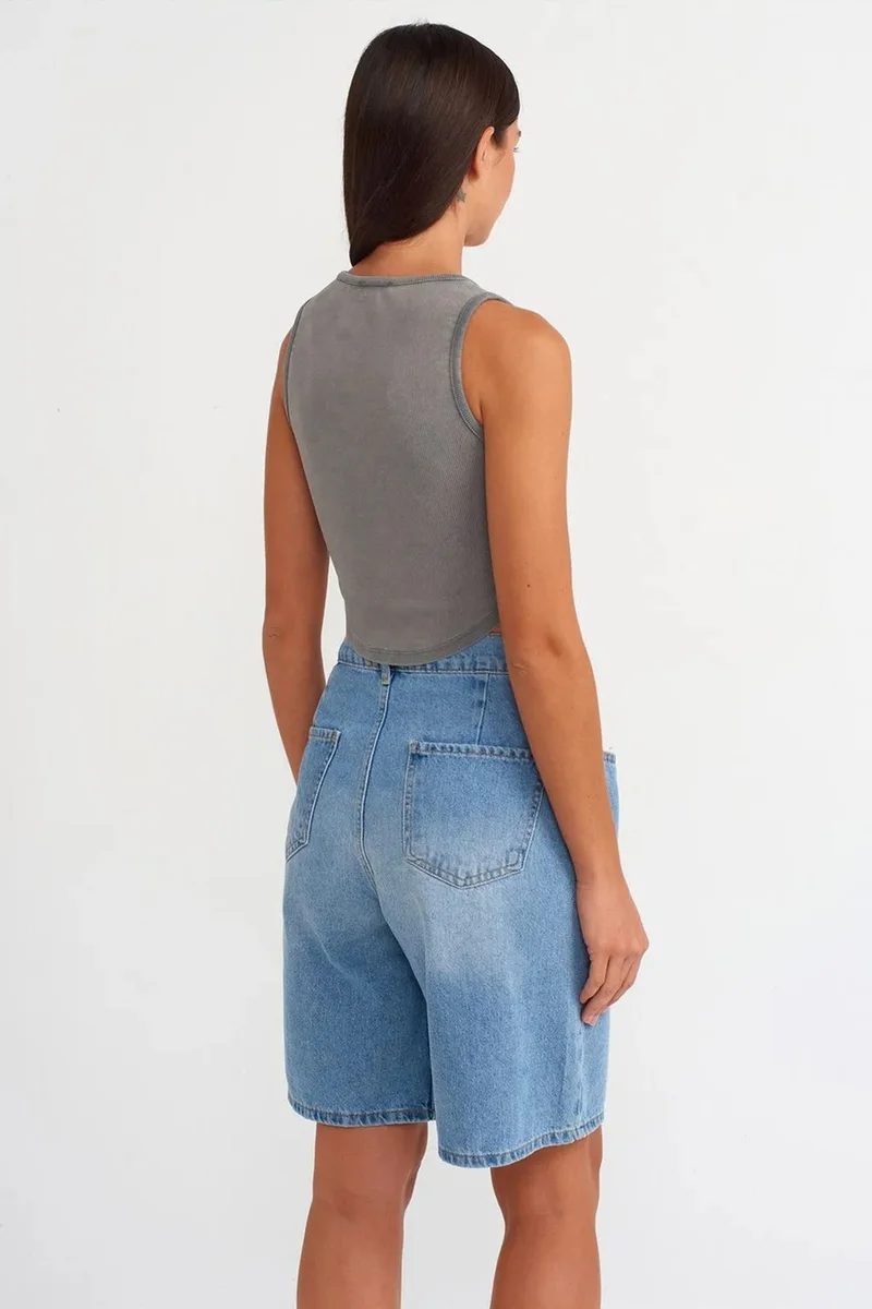 Dilvin Slate Grey DILVIN Women's Ribbed Crop Blouse With Buttons for Women | Best Price UAE