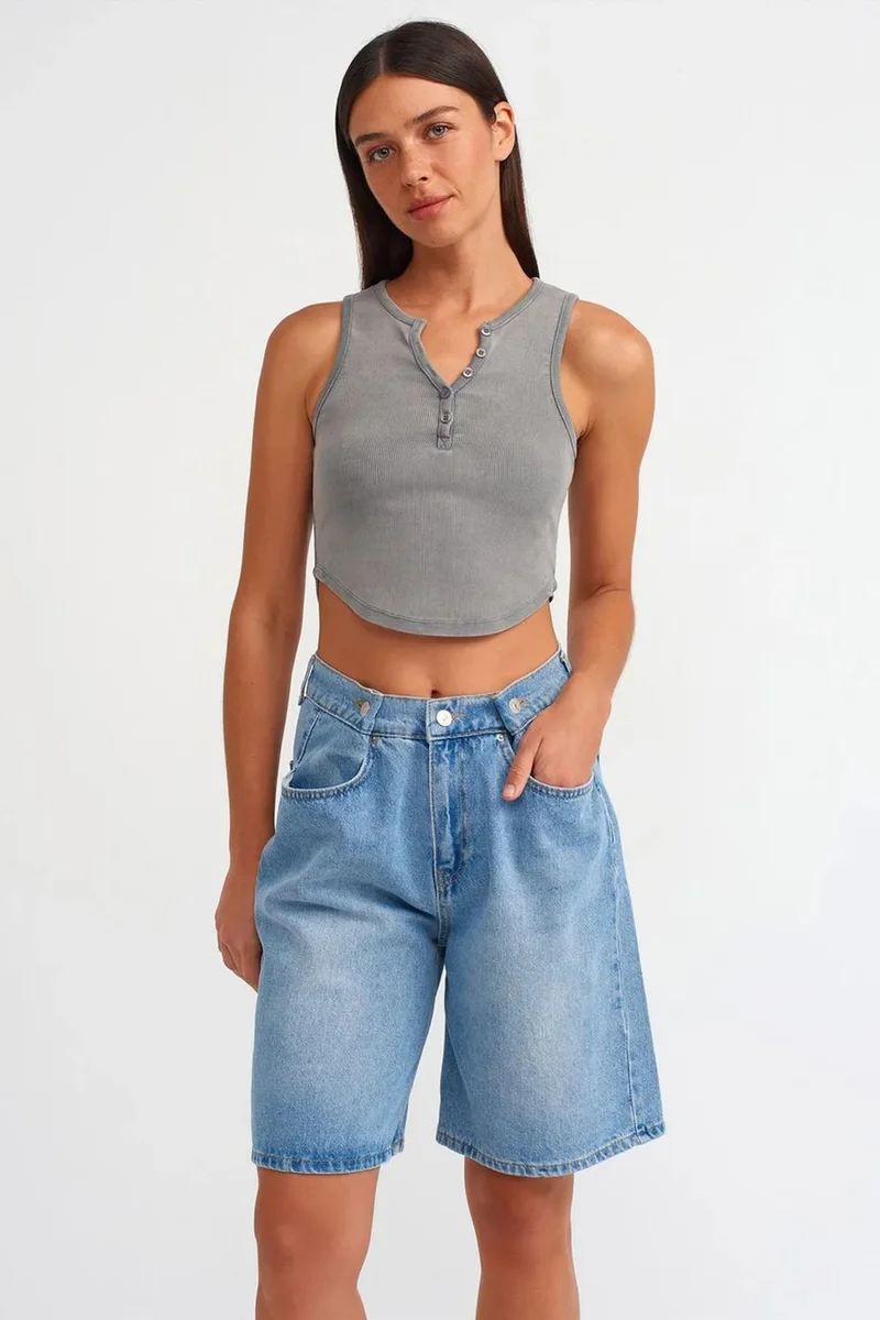 Dilvin Slate Grey DILVIN Women's Ribbed Crop Blouse With Buttons for Women | Best Price UAE