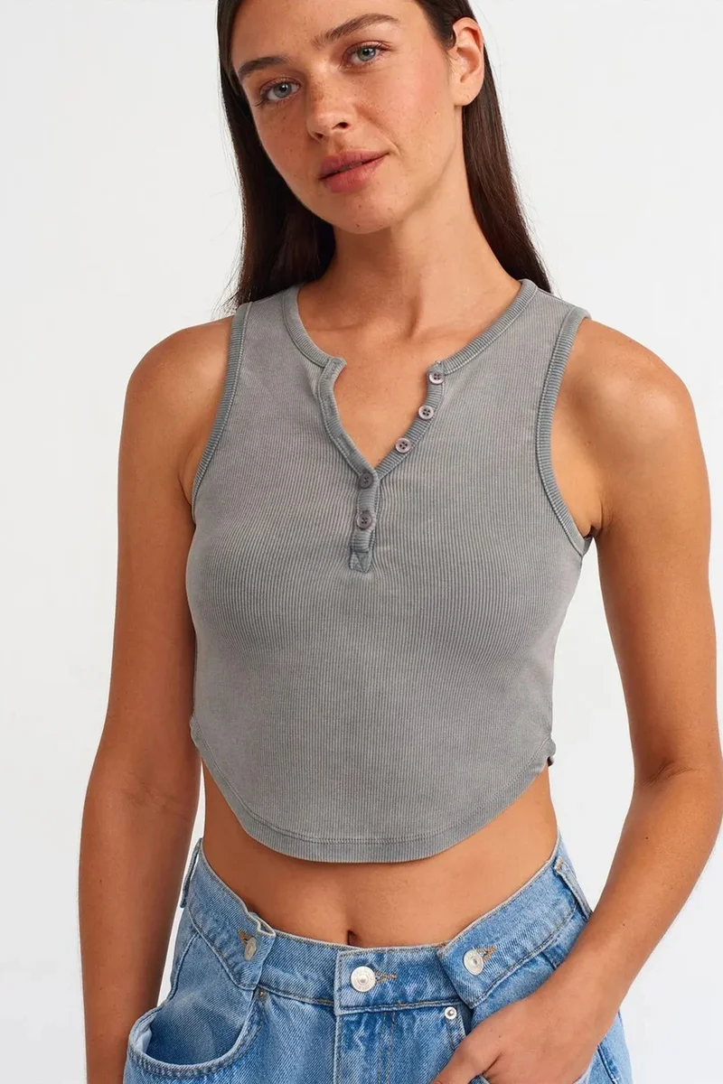 DILVIN Women's Ribbed Crop Blouse With Buttons