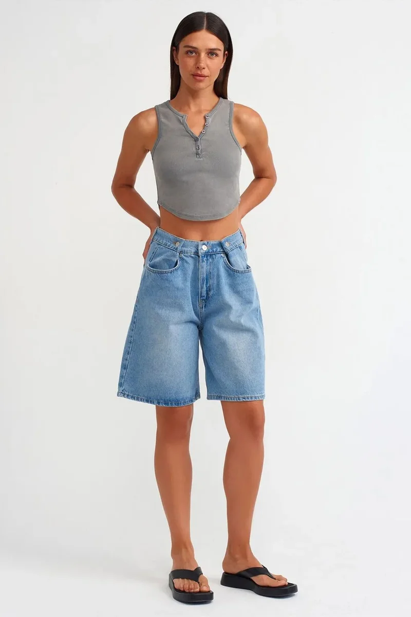 Dilvin Slate Grey DILVIN Women's Ribbed Crop Blouse With Buttons for Women | Best Price UAE