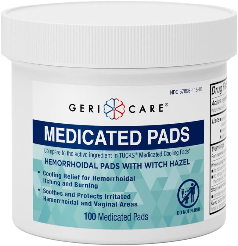 GeriCare Medicated Cooling Pads with Witch Hazel. for Soothing Itch, Discomfort, and Burning, Pre-Moistened Pads Ideal for Sensitive Areas, 100 Count (Pack of 1)
