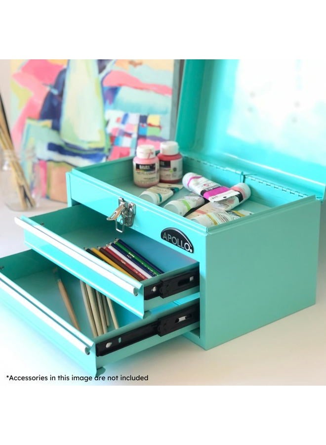 Apollo Tools Aqua Green Metal Tool Box with Deep Top Compartment and 2 Drawers in Heavy-Duty Steel With Ball Bearing Opening And Powder Coated Finish - DT5010GR (DT5010-GR) - Image 3