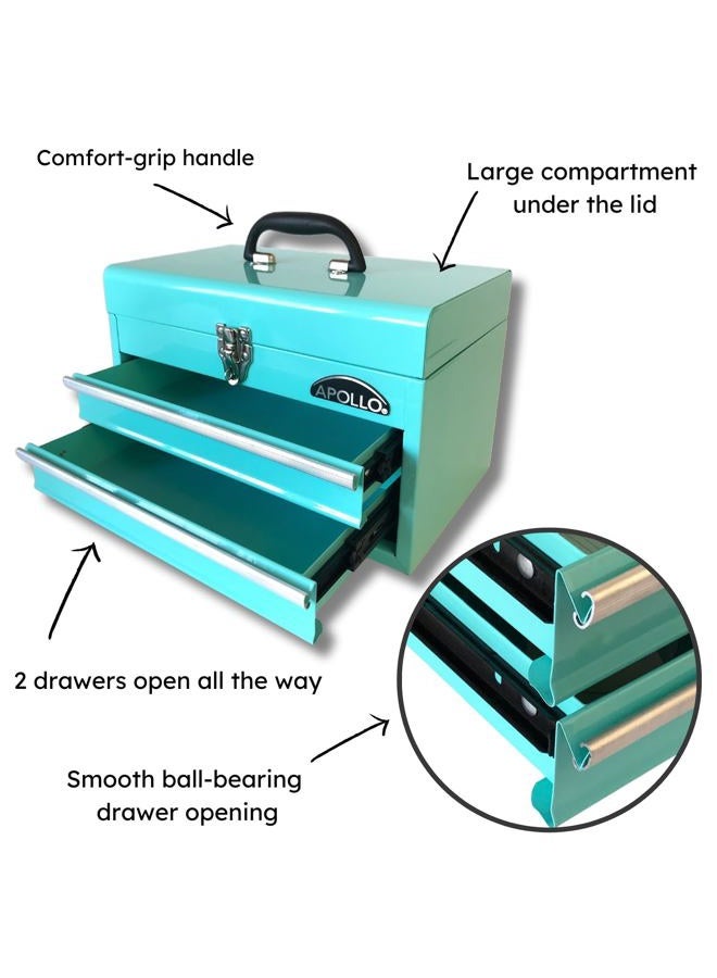 Apollo Tools Aqua Green Metal Tool Box with Deep Top Compartment and 2 Drawers in Heavy-Duty Steel With Ball Bearing Opening And Powder Coated Finish - DT5010GR (DT5010-GR) - Image 2