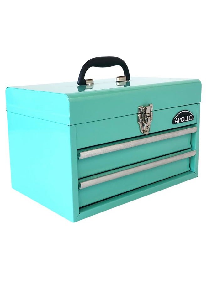 Apollo Tools Aqua Green Metal Tool Box with Deep Top Compartment and 2 Drawers in Heavy-Duty Steel With Ball Bearing Opening And Powder Coated Finish - DT5010GR (DT5010-GR) - Image 1