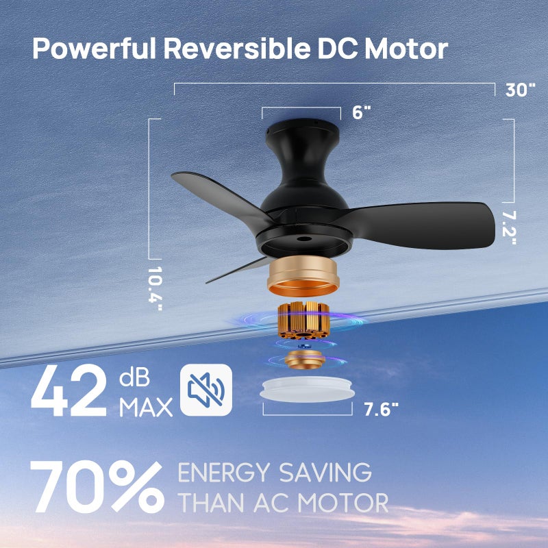 Consciot Ceiling Fan With Lights 30 Inch, Kids Ceiling Fan Black Modern, Flush Mount, Reversible Quiet DC Motor, 6 Speed, Dimmable, Kitchen Bedroom Patio - Image 3