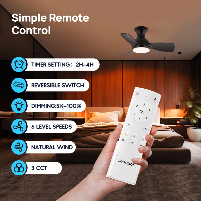 Consciot Ceiling Fan With Lights 30 Inch, Kids Ceiling Fan Black Modern, Flush Mount, Reversible Quiet DC Motor, 6 Speed, Dimmable, Kitchen Bedroom Patio - Image 2