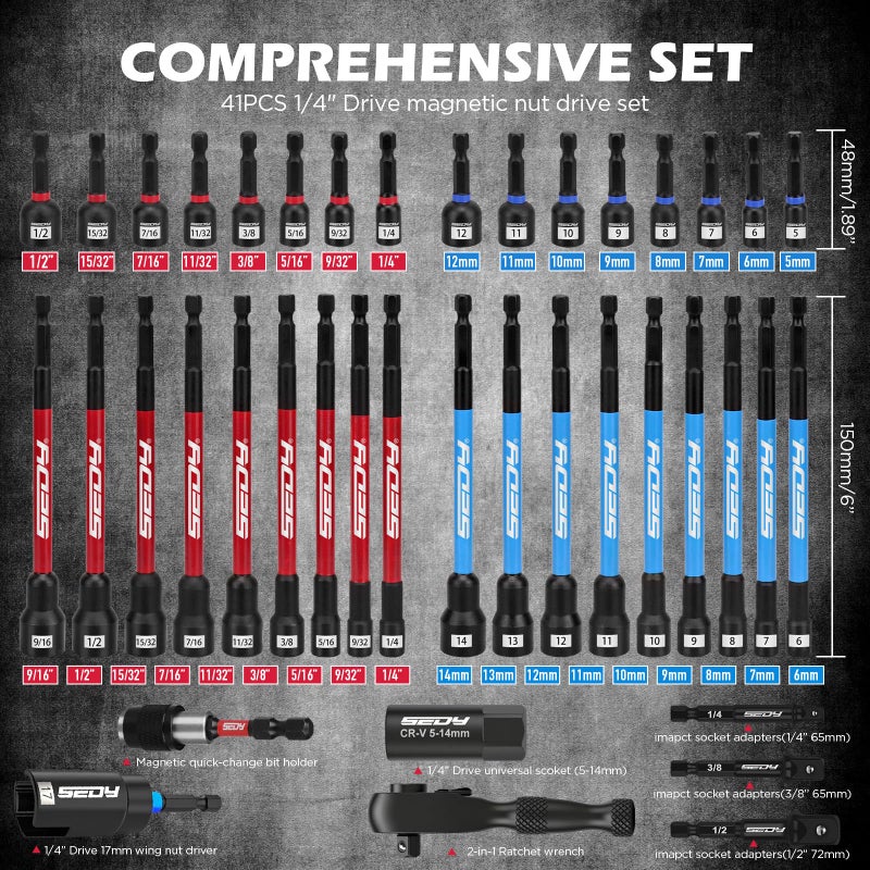 SEDY 41-Piece Premium 1/4" Drive Magnetic Impact Nut Driver Set Metric & SAE Standard & Deep with Socket Adapters, 2-in-1 Ratchet Wrench, Wing Nut Driver, Universal Sockets, Quick Release Bit Holder - Image 2