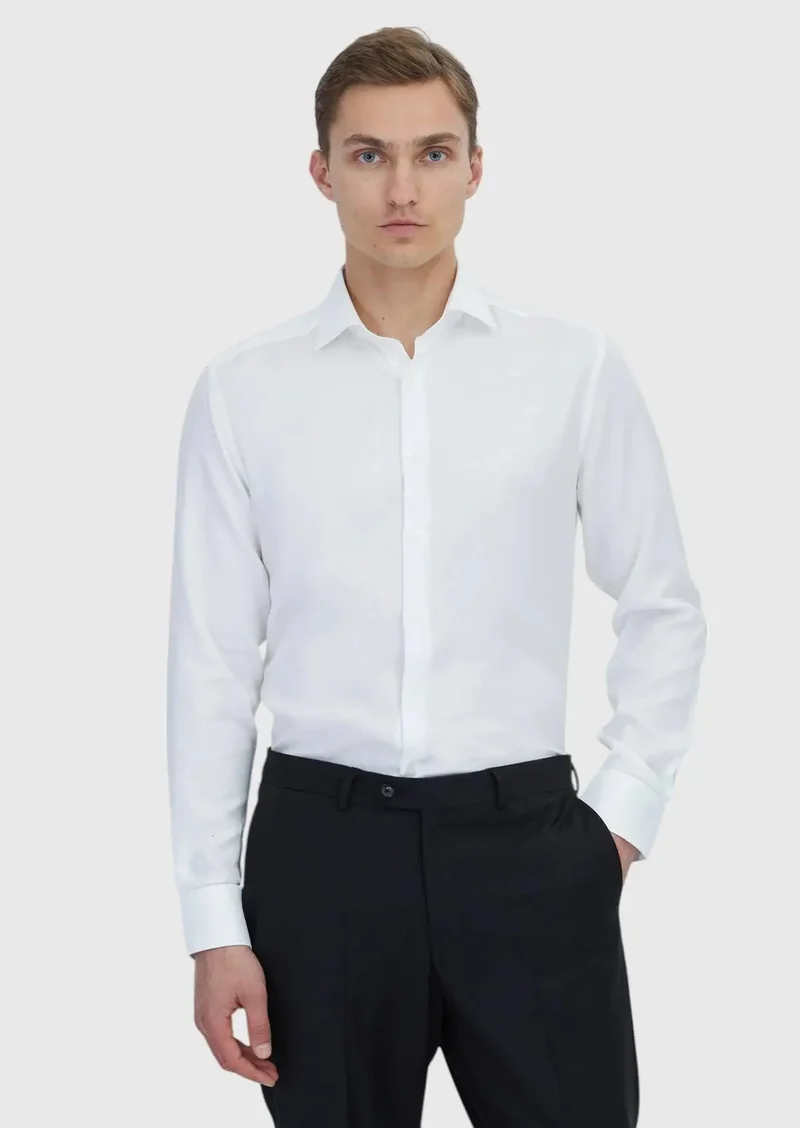 RAMSEY White Plain Regular Fit Weaving Classical Cotton Blended Shirt