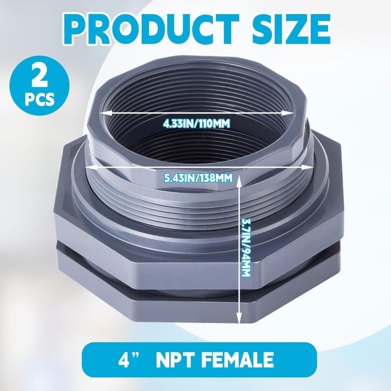 PVC Bulkhead Fitting: 2-Pack 4-Inch DN100 Leak-Proof Durable PVC Construction - Easy Installation Bulkhead Connector for Residential Industrial Plumbing Rain Barrels Aquariums Pools - Image 2