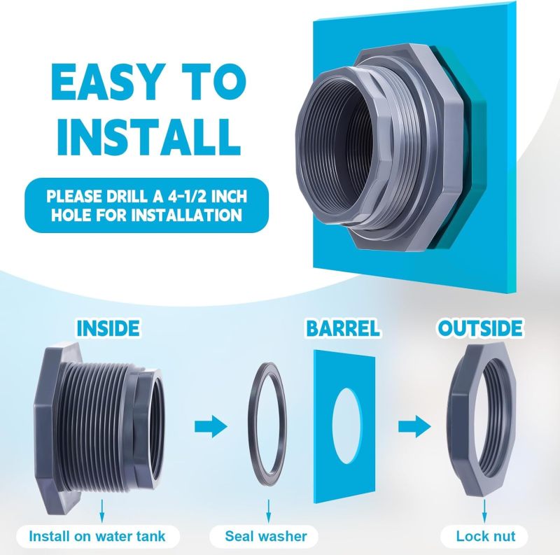 PVC Bulkhead Fitting: 2-Pack 4-Inch DN100 Leak-Proof Durable PVC Construction - Easy Installation Bulkhead Connector for Residential Industrial Plumbing Rain Barrels Aquariums Pools - Image 4