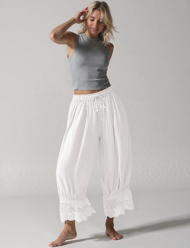 TARSE Women Linen Lace Trim Long Bloomers Pants Y2K Ruffle Victorian Vintage Pantaloons Summer Beach Travel Vacation Pants(White, L) - Image 4