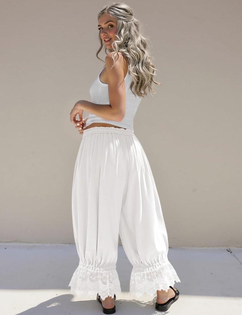 TARSE Women Linen Lace Trim Long Bloomers Pants Y2K Ruffle Victorian Vintage Pantaloons Summer Beach Travel Vacation Pants(White, L) - Image 5