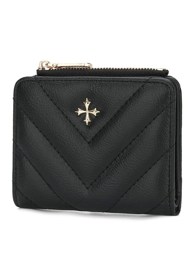 baellerry Women'S Quilted Card Holder - RFID Mini Wallet - Women'S Wallet - Short Wallet - 4 Card Slots + Zipper Main Pocket + 2 Side Zipper Pockets (For Cards, Cash And Coins) (Black)  - Image 1