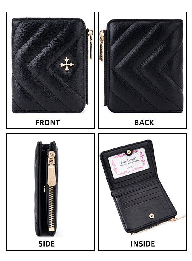 baellerry Women'S Quilted Card Holder - RFID Mini Wallet - Women'S Wallet - Short Wallet - 4 Card Slots + Zipper Main Pocket + 2 Side Zipper Pockets (For Cards, Cash And Coins) (Black)  - Image 5