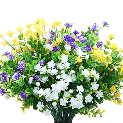 WILLBOND 12 Bundles Artificial Flowers Outdoor UV Resistant Faux Artificial Plants Shrubs Plastic Flower Bulk for Hanging Planter Porch Window Home Spring Summer DecorYellow Purple White - Image 1