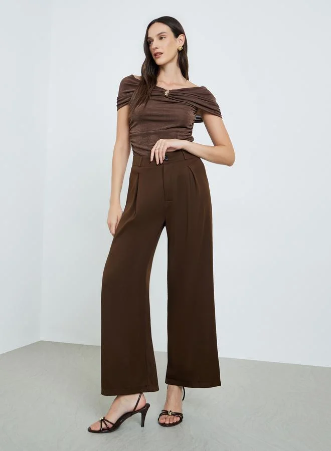 Take Two Brown Brown Pleated Wide Leg Pants for Women | Best Price UAE