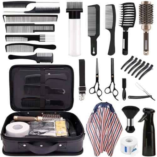BARBERPLAN مجموعة مقصات قص الشعر، 29 قطعة مجموعة مقصات احترافية للحلاق، صالون، منزل، مجموعة كاملة لقص الشعر تشمل حقيبة الحلاق، مقصات تخفيف، أمشاط، رداء حلاق... - Image 1